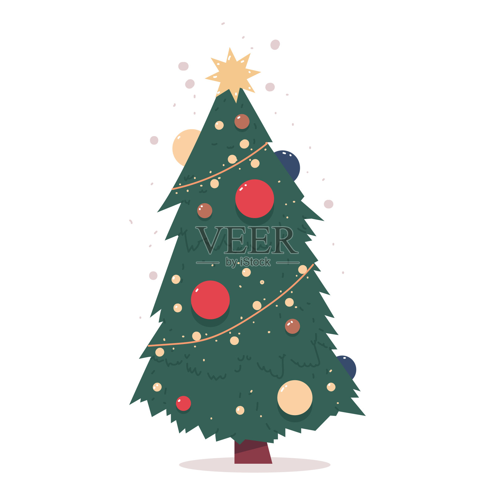 可爱的圣诞树装饰在球和灯泡花环向量卡通插图孤立在白色的背景。插画图片素材
