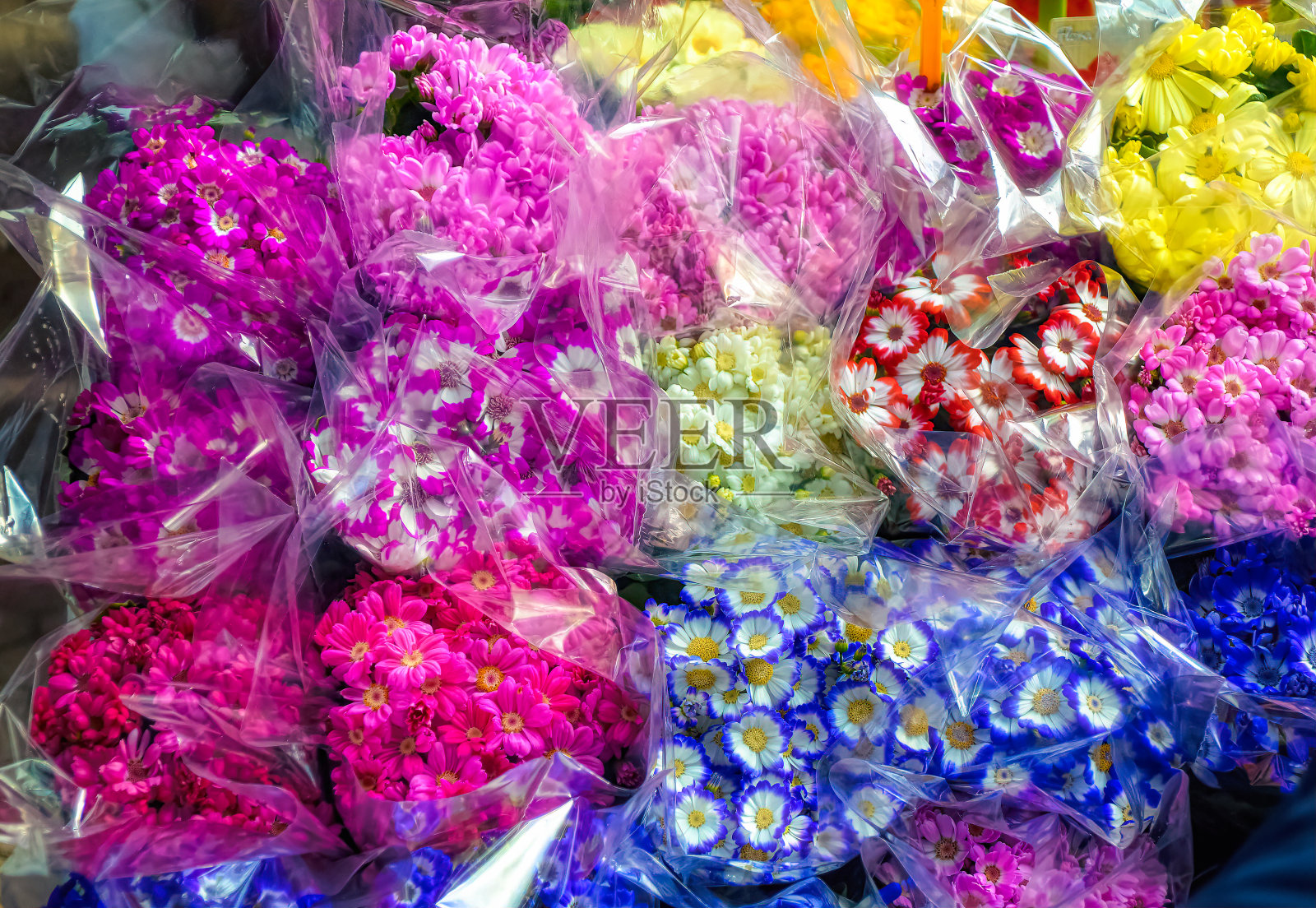 花卉市场上各种色彩鲜艳的春花公开出售。照片摄影图片