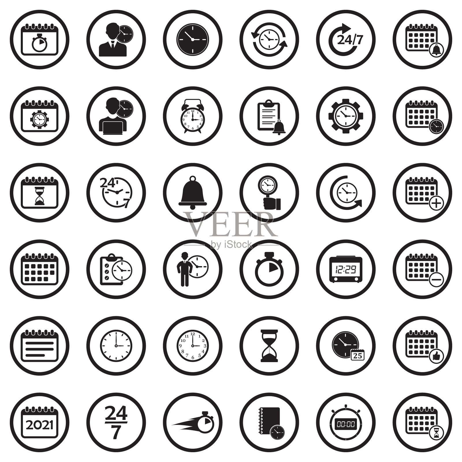 时间和日程图标。圆形黑色平面设计。矢量插图。图标素材