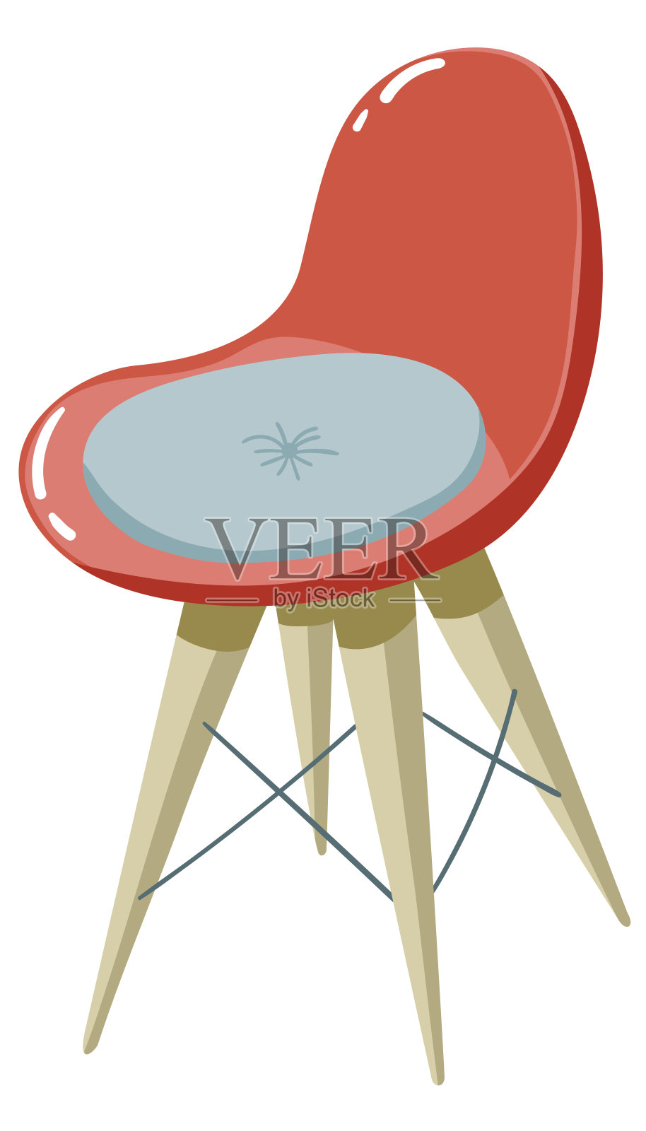 简单的极简主义平面插图可爱的红色塑料椅子与高四个木腿和圆枕头插画图片素材