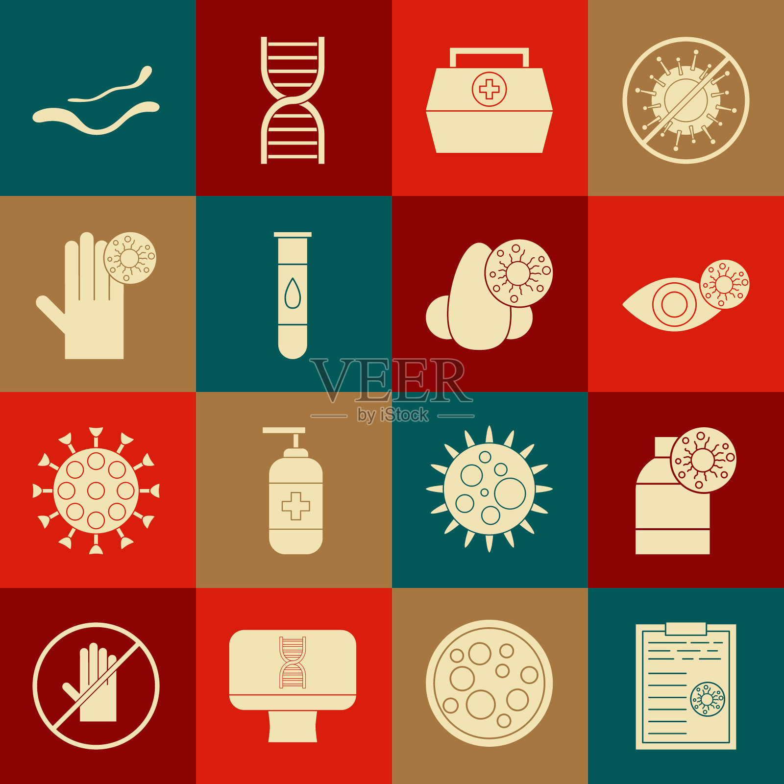 设置剪贴板与血液测试结果,瓶病毒,红色眼睛由于,急救箱,血液和,手,埃博拉疾病和流鼻涕图标。向量图标素材