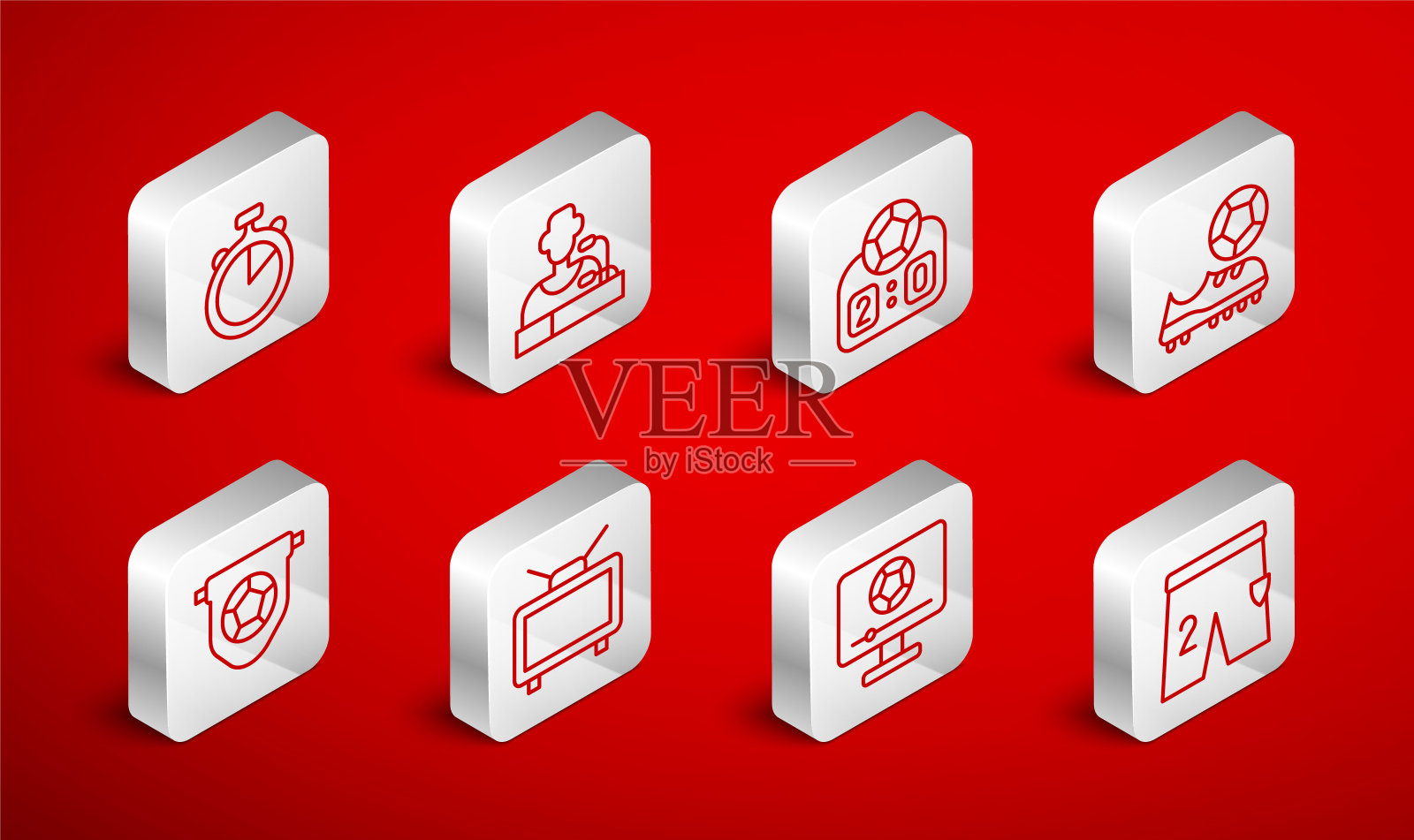 设线短裤踢足球,足球运动员新闻发布会,运动机械计分板,鞋,比赛电视,秒表,和旗帜图标。向量图标素材