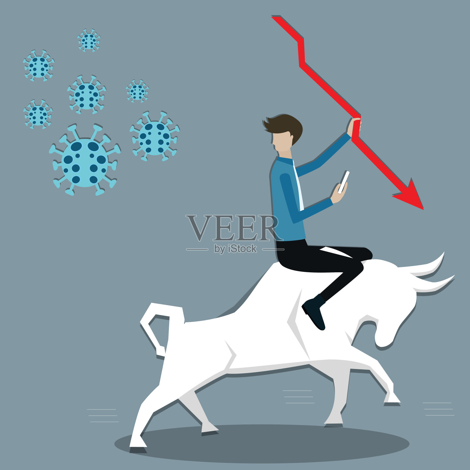 扁平的商业金融,一个人骑着牛从病毒载体跑开插画图片素材