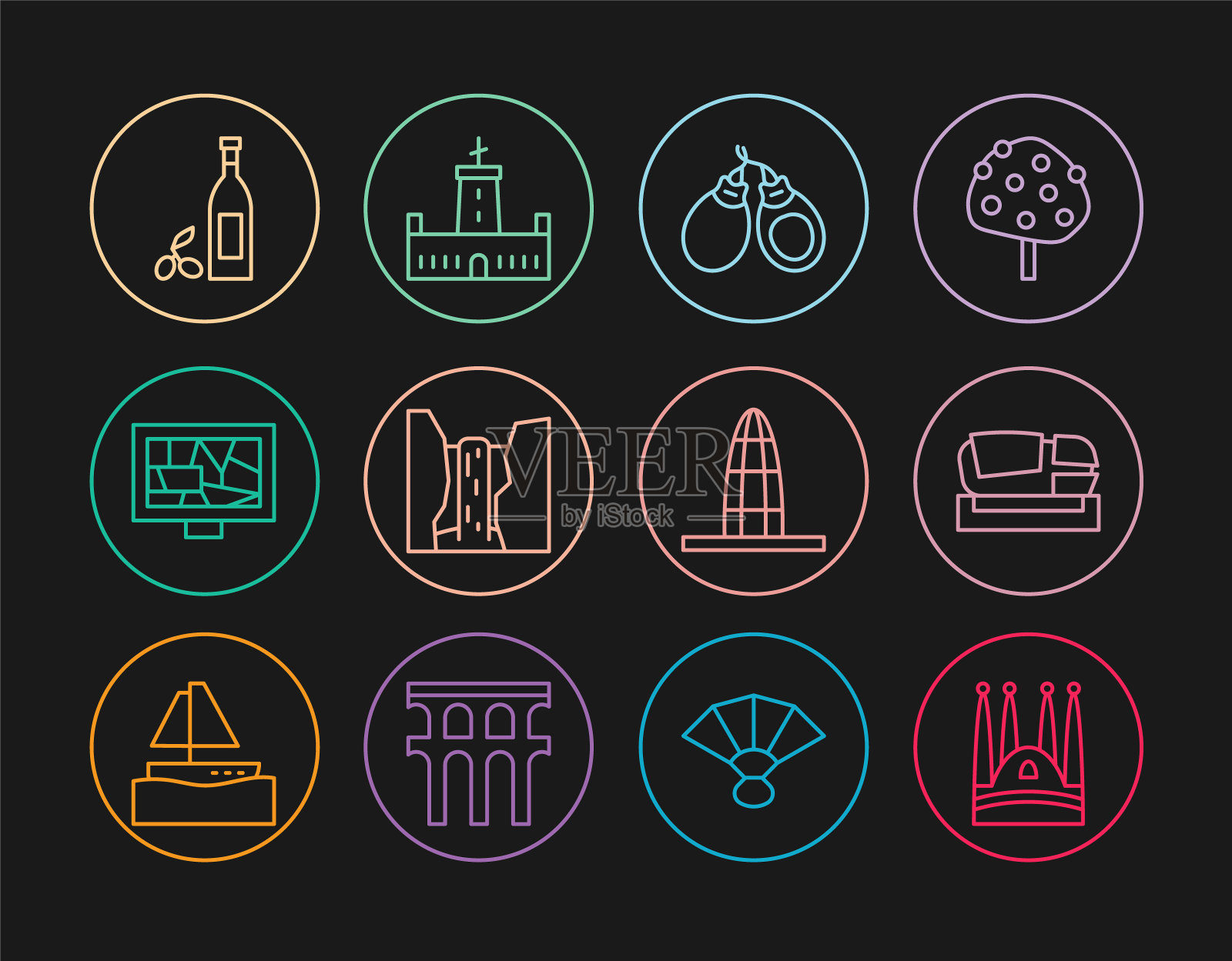 设置线圣家堂,梅斯塔利亚体育场,Castanets, Algar瀑布,绘画艺术,橄榄油瓶,Agbar塔和蒙朱伊克城堡图标。向量图标素材