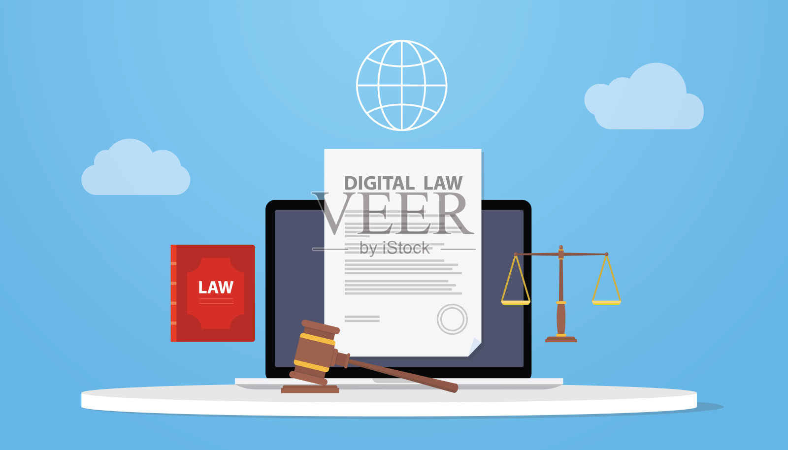 数字法律概念技术与笔记本电脑和法律书籍,互联网与现代扁平化风格插画图片素材