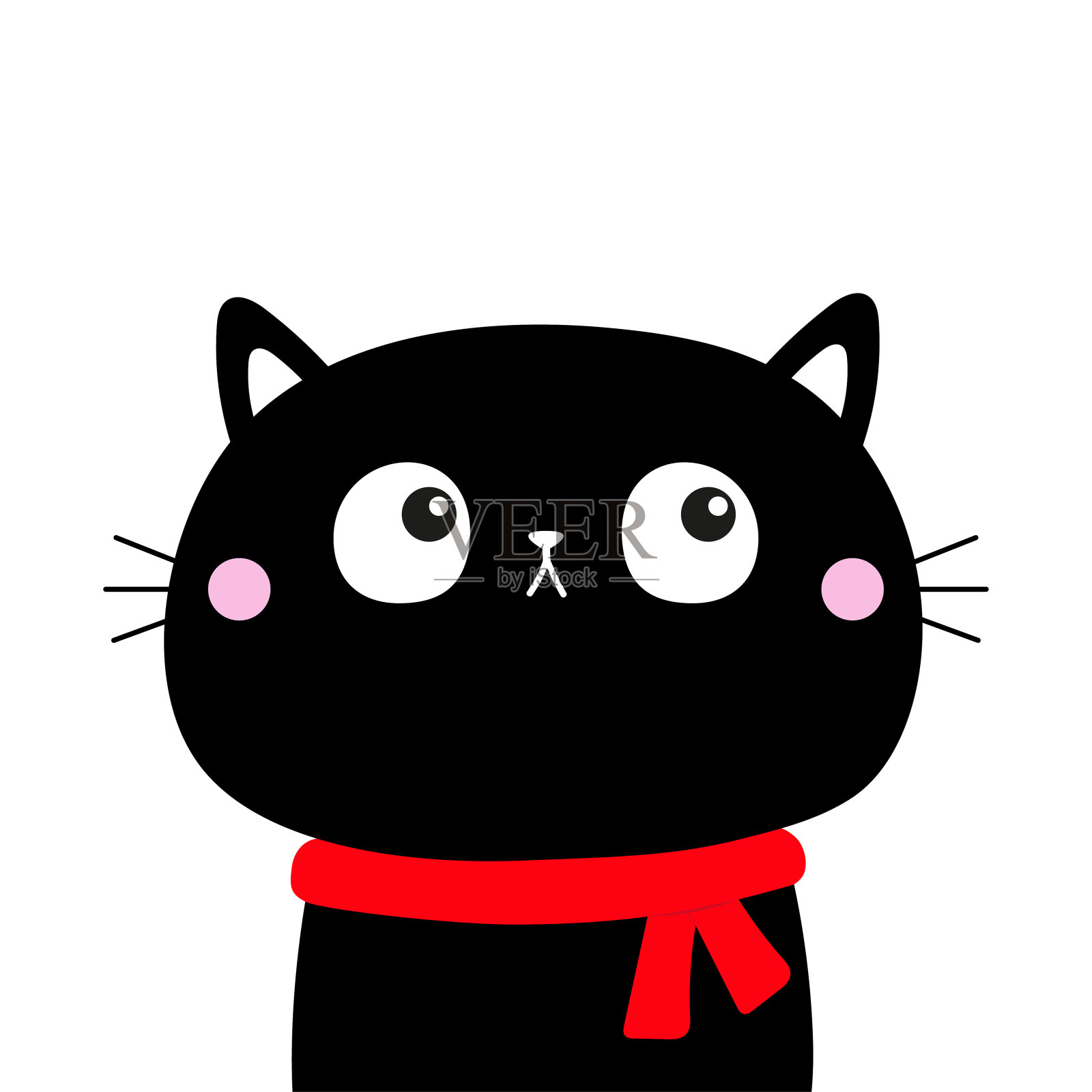 可爱的黑猫小猫的头脸往上看。红色的围巾。圣诞快乐。卡通卡哇伊的性格。宠物宝宝收藏。圣诞贺卡。平面设计。孤立。白色背景。插画图片素材