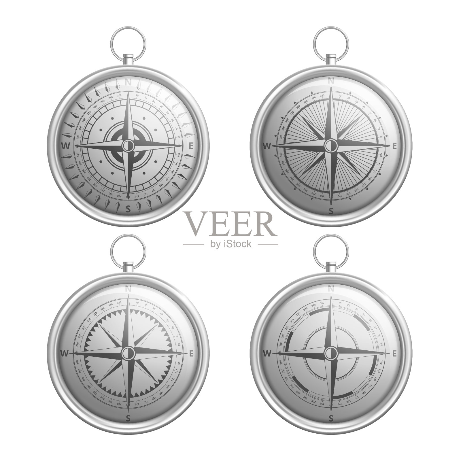 古董复古风格的金属罗盘集孤立设计元素图片