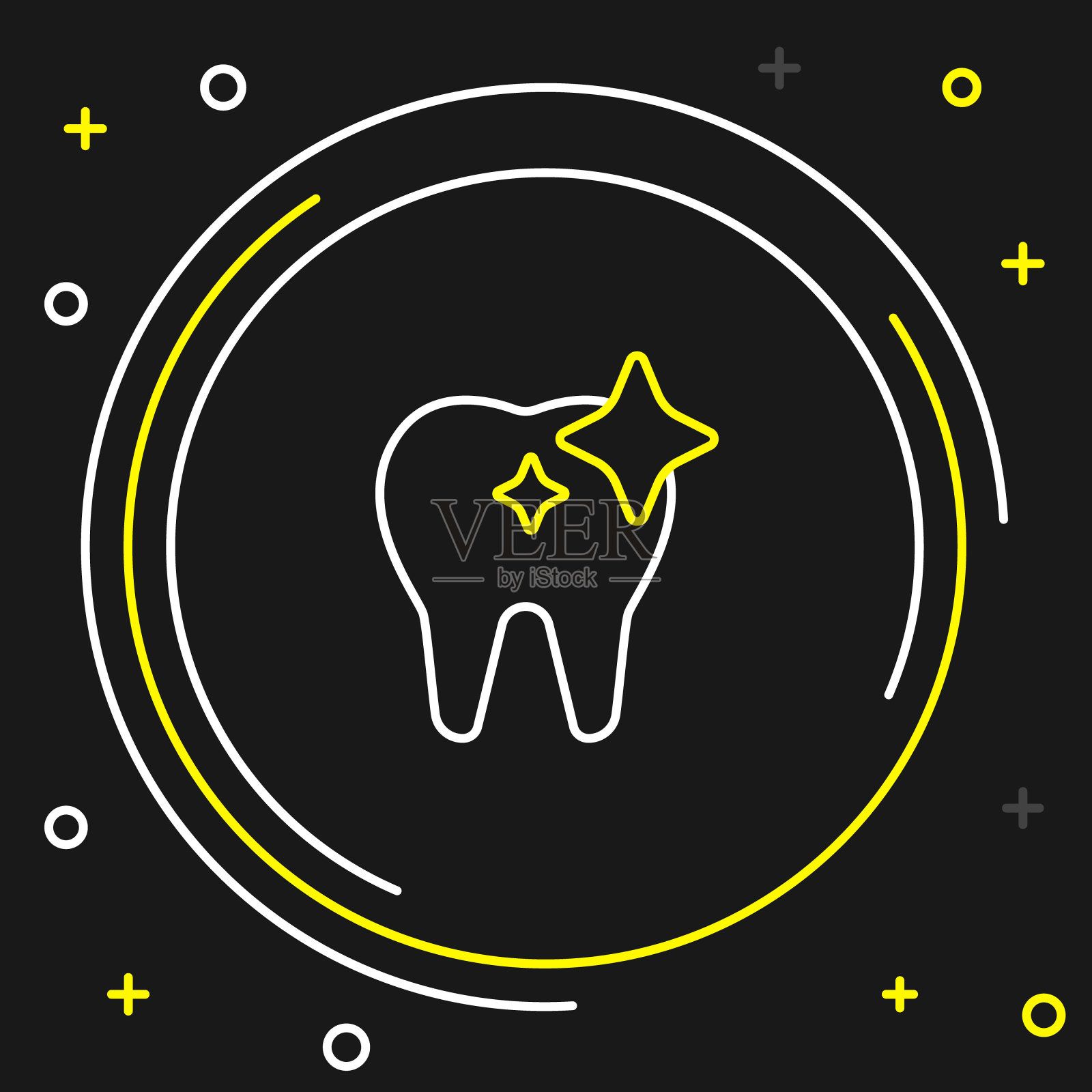 线牙齿美白概念图标孤立的黑色背景。牙科诊所或牙科医疗中心的牙齿符号。色彩斑斓的轮廓的概念。向量插画图片素材
