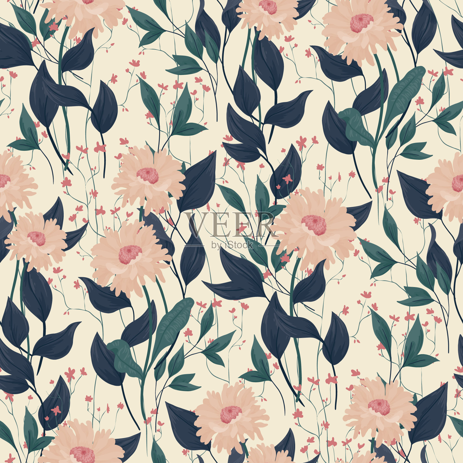 无缝的图案与粉红色的花和深色的叶子。一种古老的花卉图案,在浅色的背景上用抽象的植物构成。矢量插图。插画图片素材
