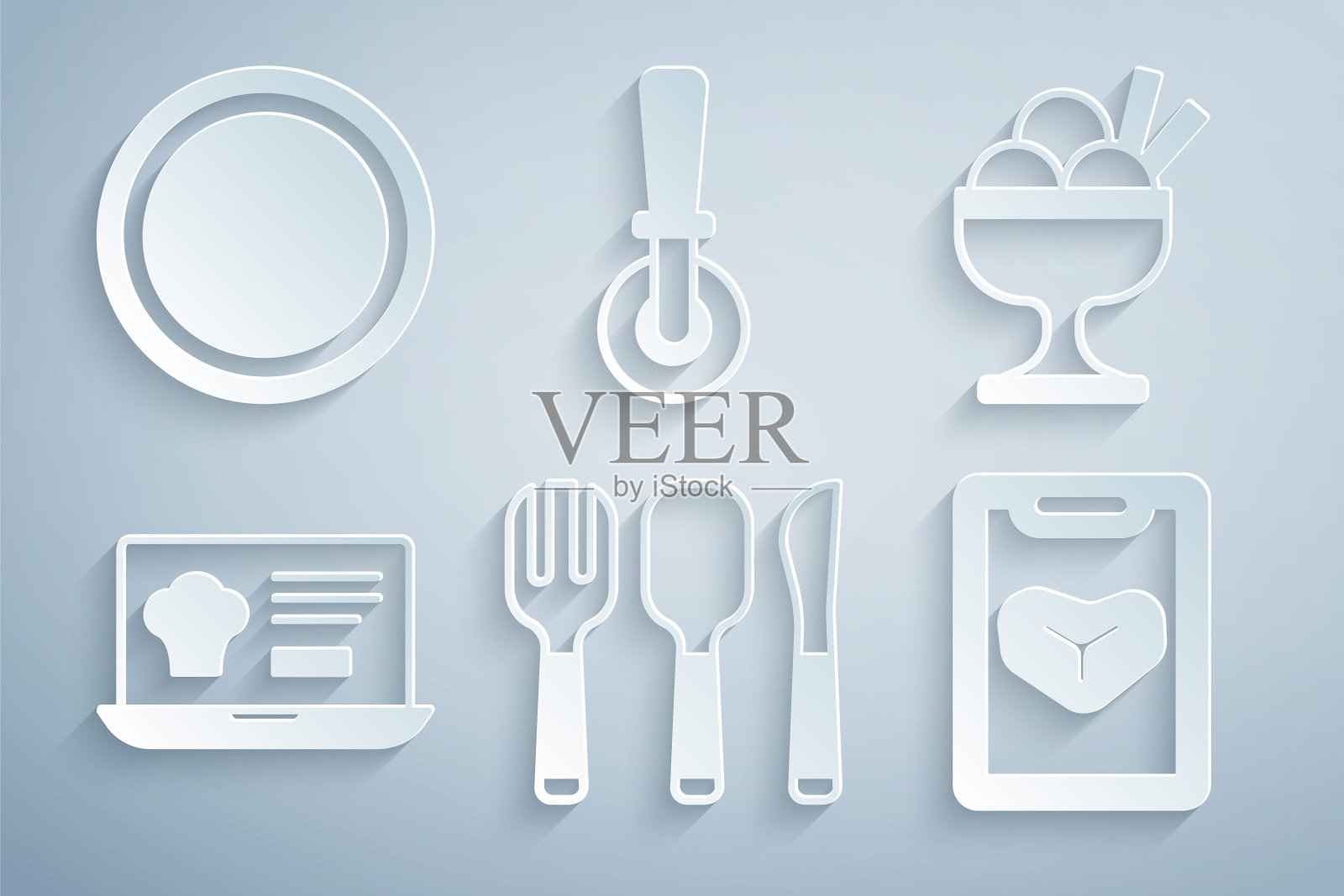 设置叉子,勺子和刀,冰淇淋碗,在线订购送货,餐厅咖啡菜单,披萨和盘子图标。向量图标素材