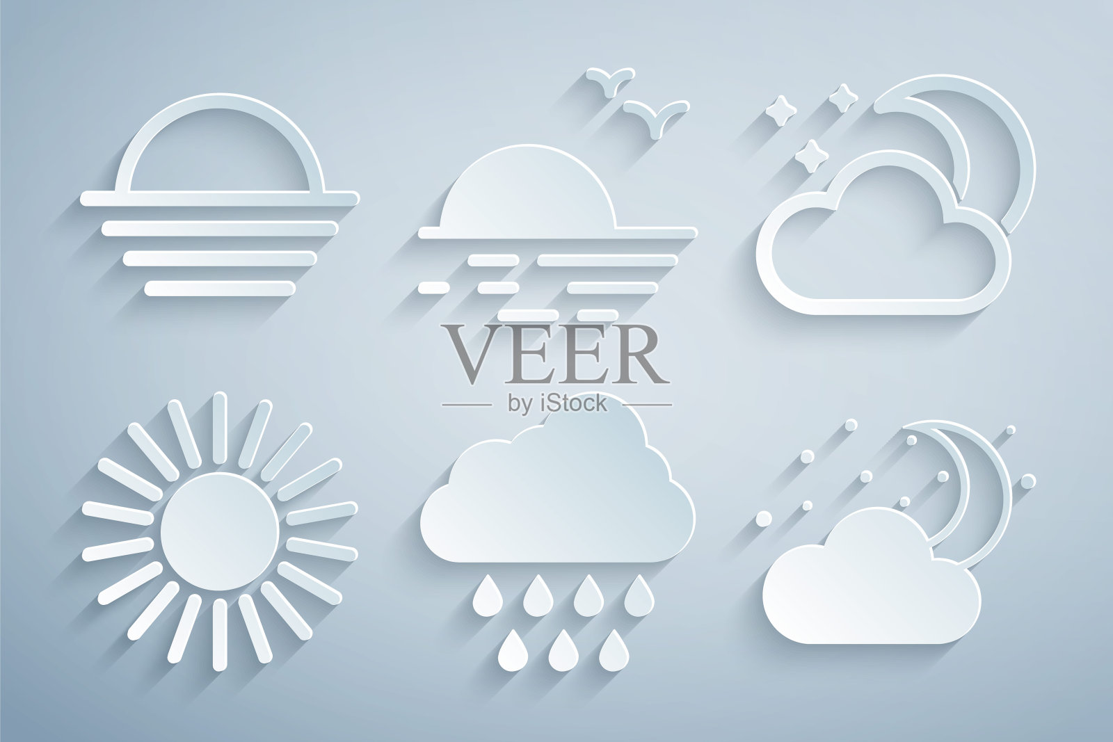 设置云与雨,月亮和星星,太阳,日落和图标。向量插画图片素材