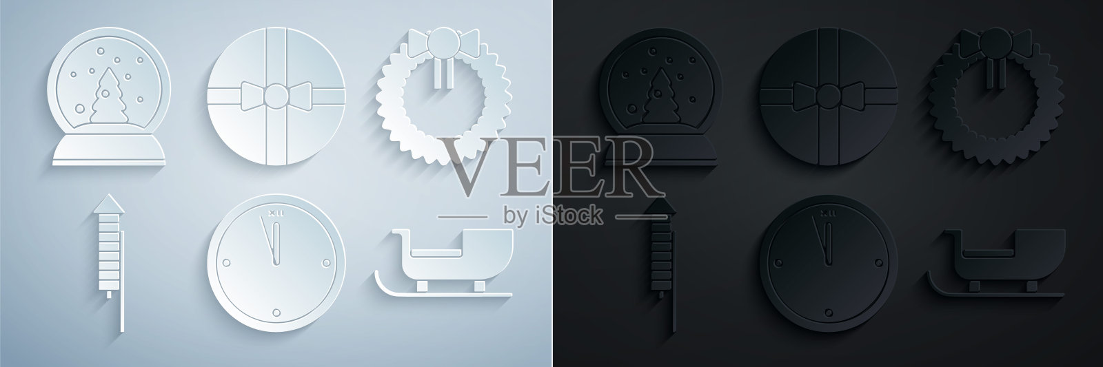 设置时钟,圣诞花环,烟花火箭,圣诞老人的雪橇,礼物盒和雪球图标。向量图标素材