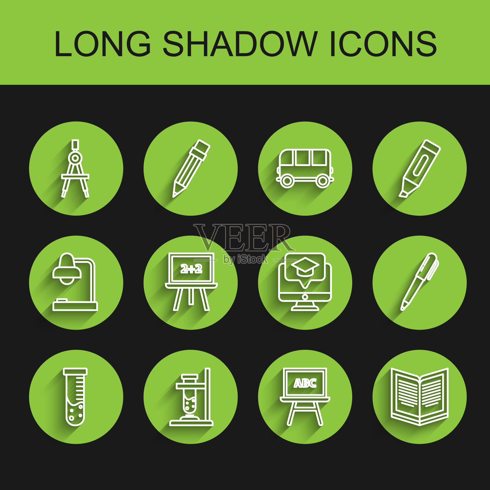 化学实验室设置线试管和烧瓶,玻璃着火测试,绘图罗盘,黑板,开卷,钢笔和监视器,有毕业帽图标。向量插画图片素材