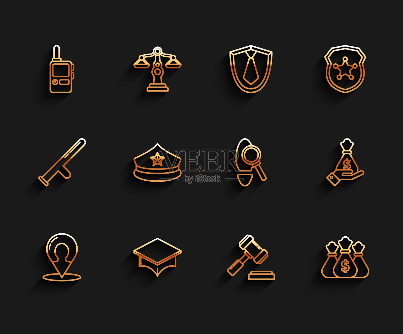 地图标记人物剪影、毕业帽、对讲机、法槌、钱袋、警徽、手持金钱、放大镜足迹图标矢量素材图标素材