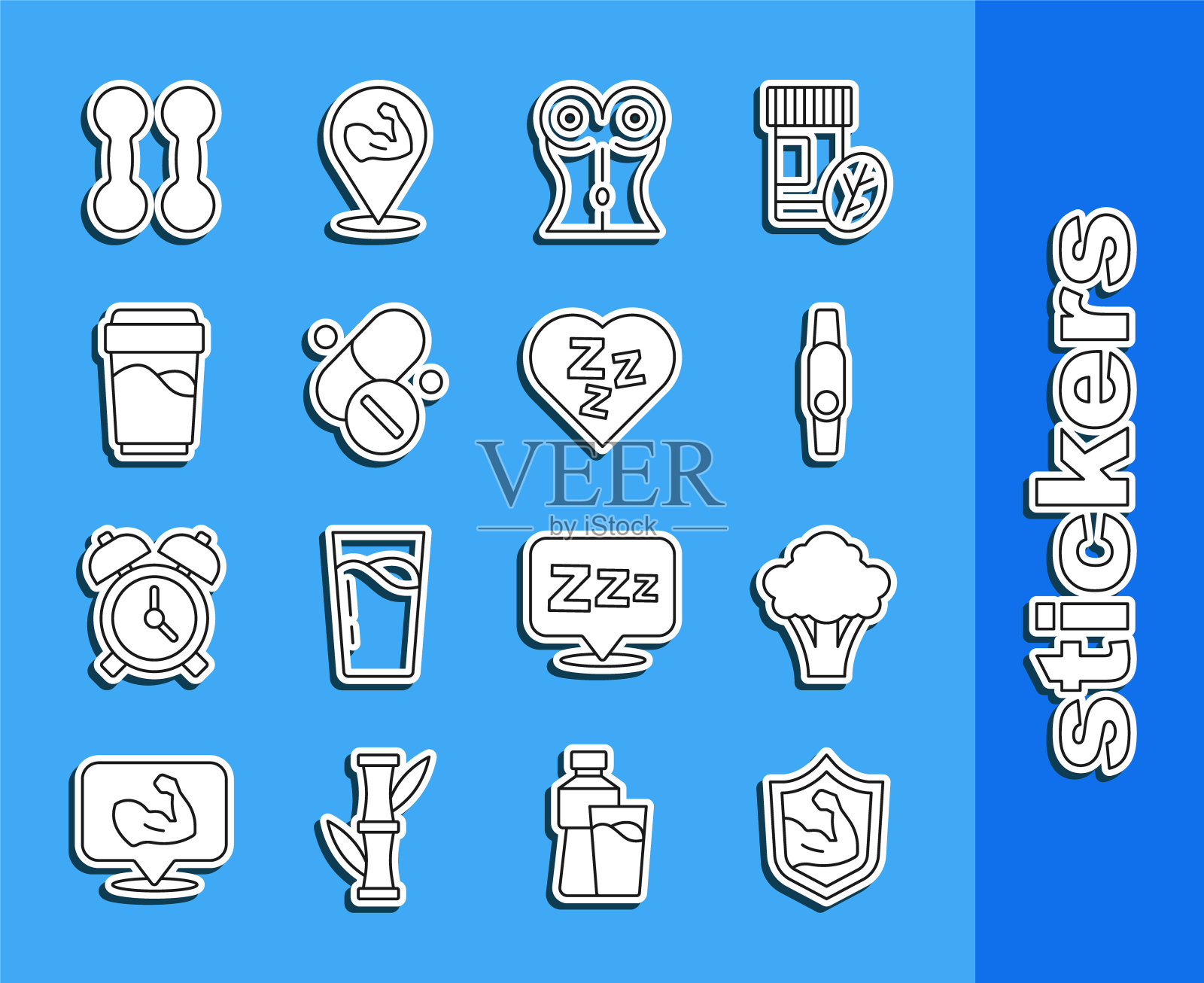 设定线健美肌肉,西兰花,智能手表,女性腰部,维生素丸,玻璃与水,哑铃和瞌睡图标。向量图标素材