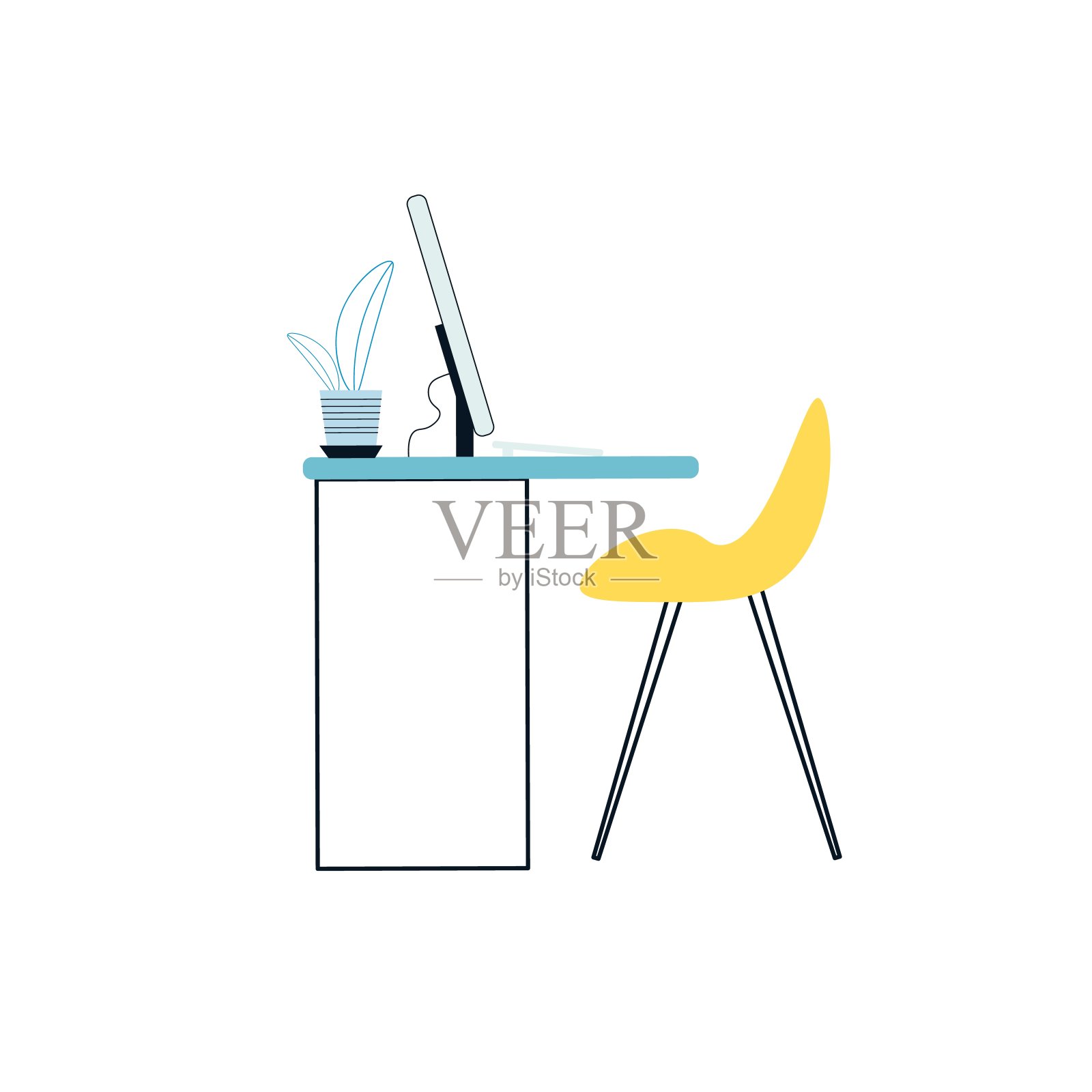 平面卡通电脑显示器上的办公桌,电子设备,家具和办公室内部元素矢量插画概念插画图片素材