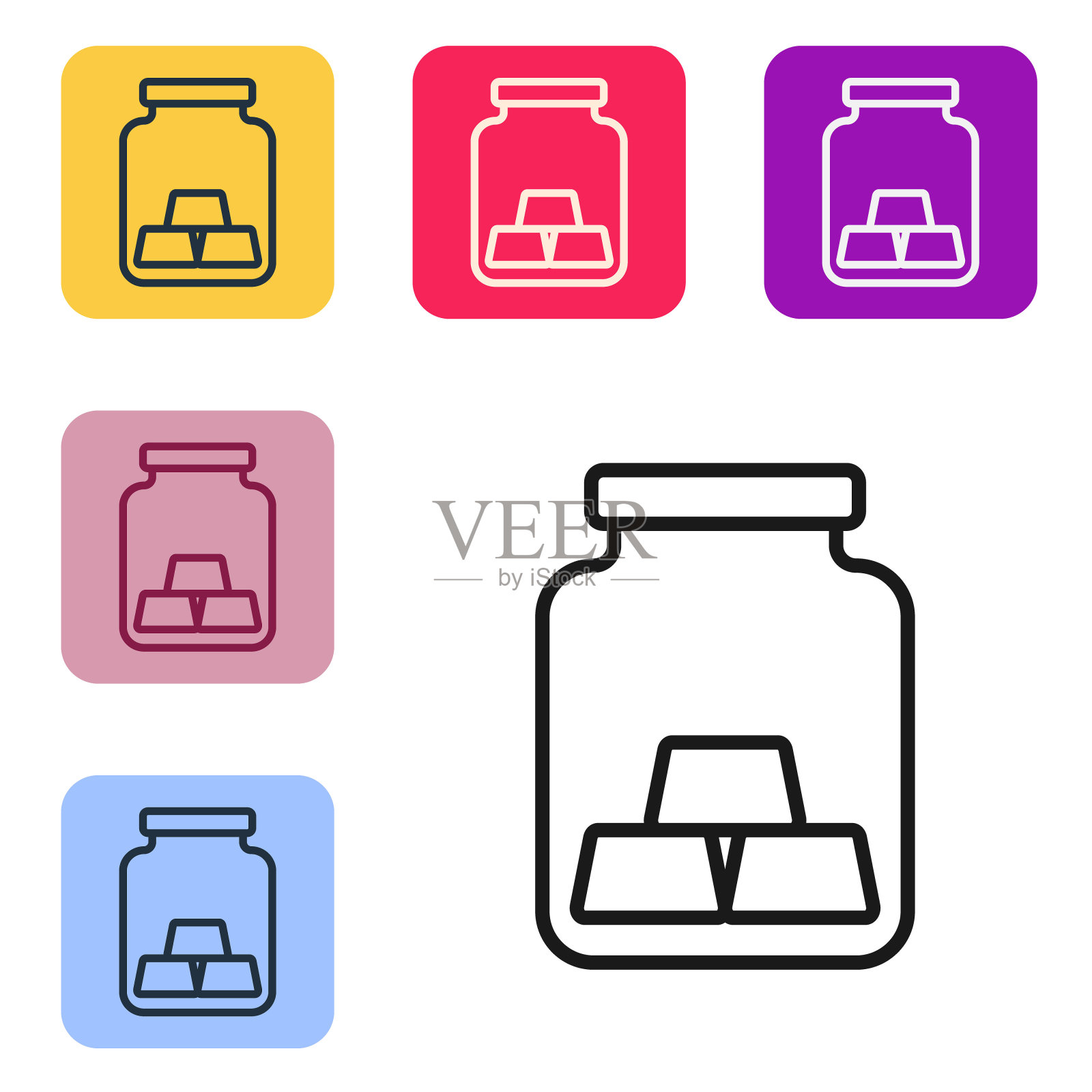 在白色背景上孤立的金条图标。银行业务的概念。设置图标的颜色方形按钮。向量图标素材