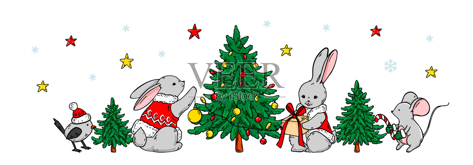 水平圣诞快乐和新年快乐贺卡与可爱的兔子和圣诞树。手绘矢量图设计元素图片