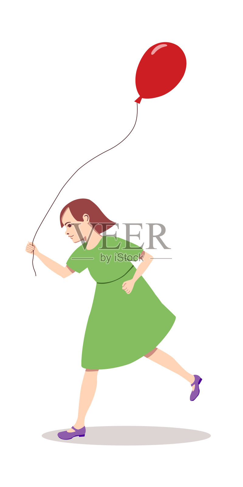 小漂亮女孩与红色氦气球跑在平面矢量插图插画图片素材