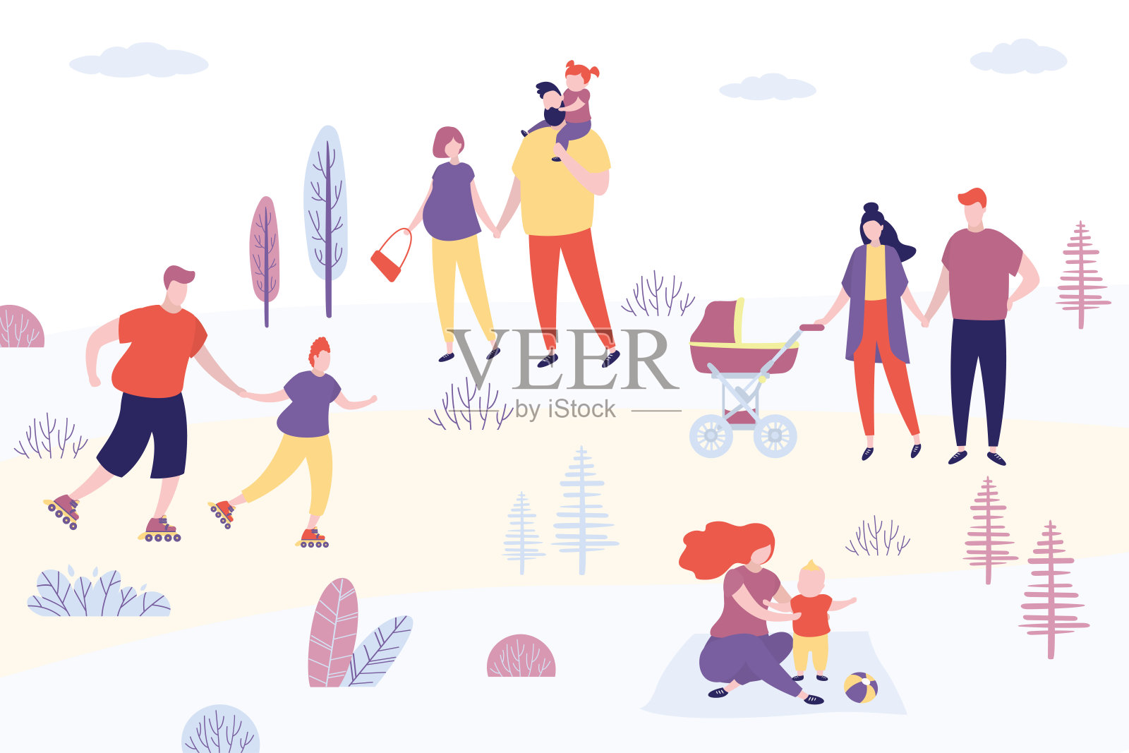 许多人在公园里散步。活跃的人类对自然。男性和女性角色花时间和孩子们在一起。周末,夏天的时间。有趣的人在户外做运动。插画图片素材