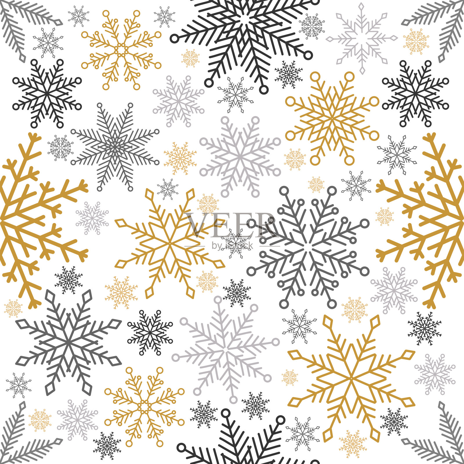 简单的圣诞节无缝图案。雪花有不同的装饰。在白色背景插画图片素材