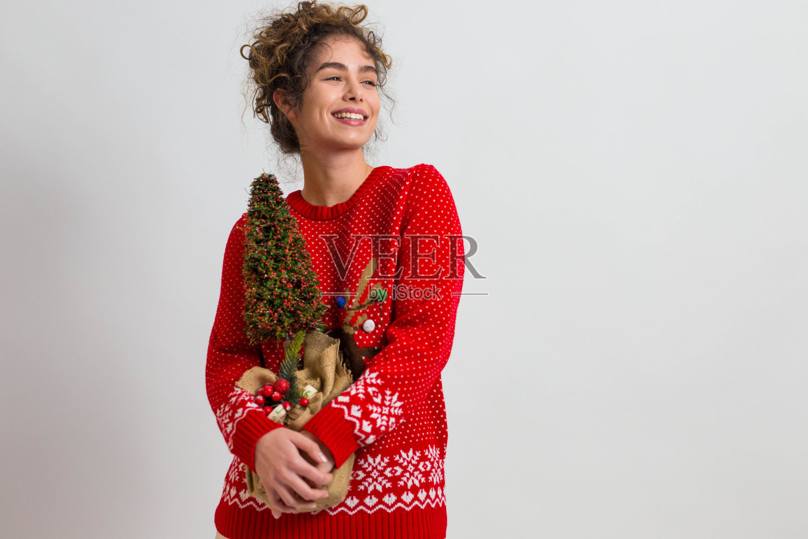 一位穿着新年毛衣的美丽女子手持一棵新年树照片摄影图片