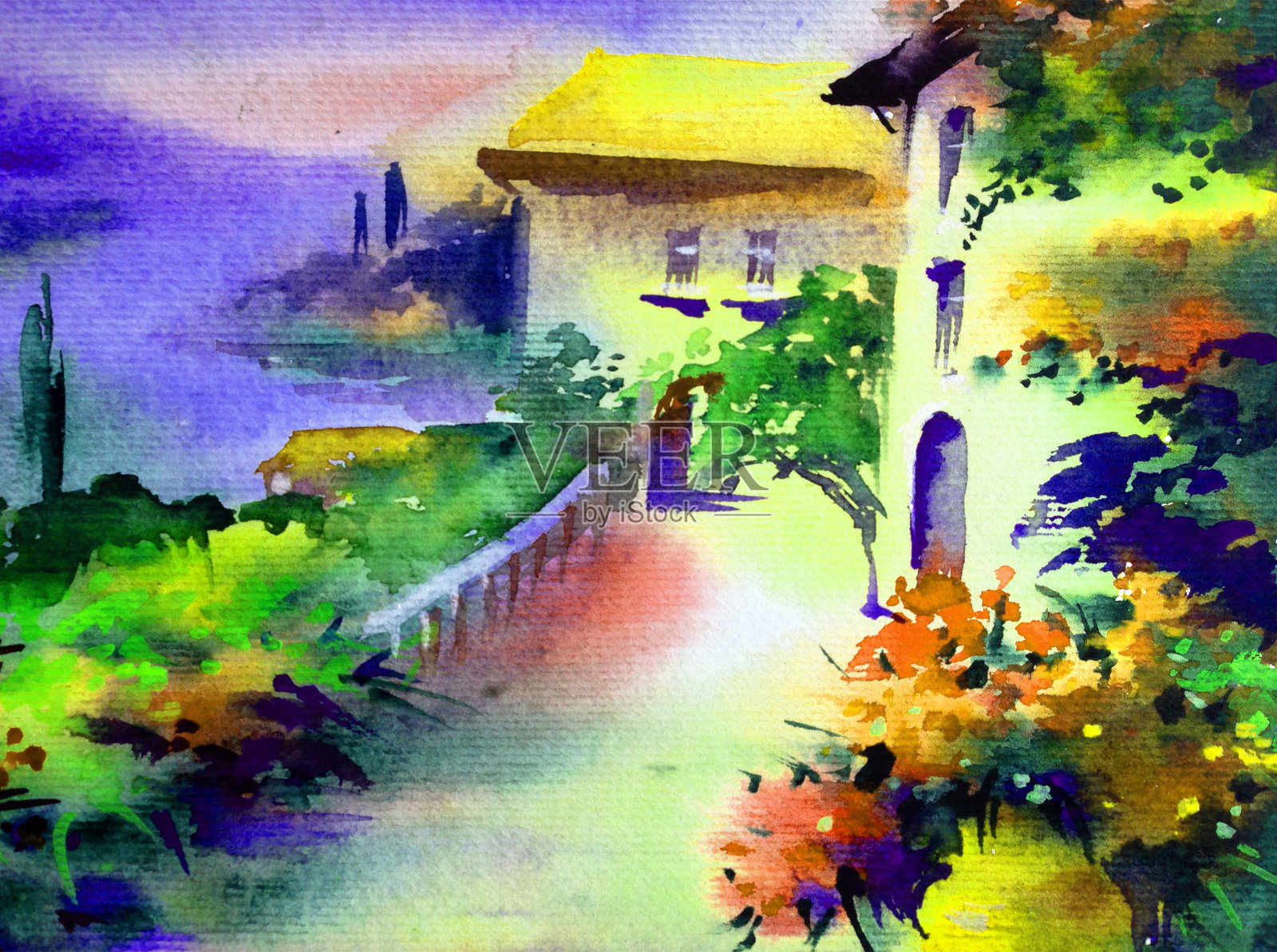 地中海风景。描绘海岸上的建筑和植被插画图片素材