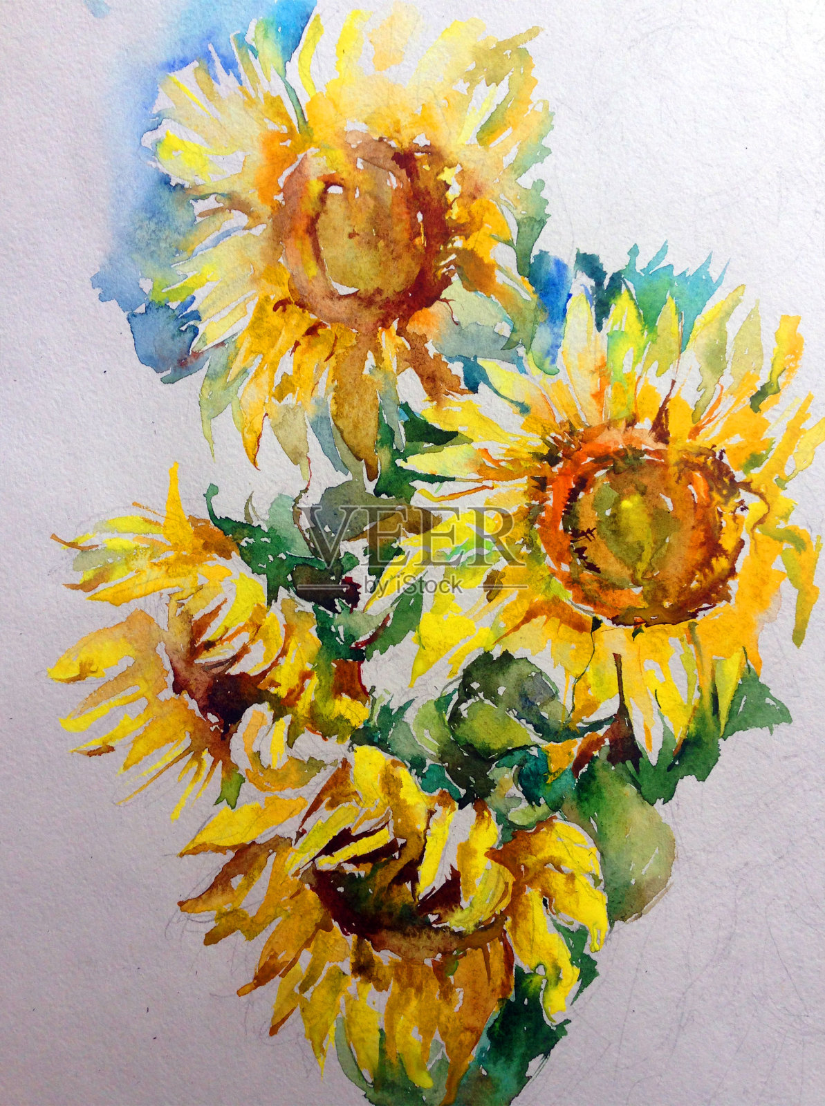 抽象鲜艳的装饰背景。花图案手工制作。美丽、温柔、浪漫的向日葵花束插画图片素材