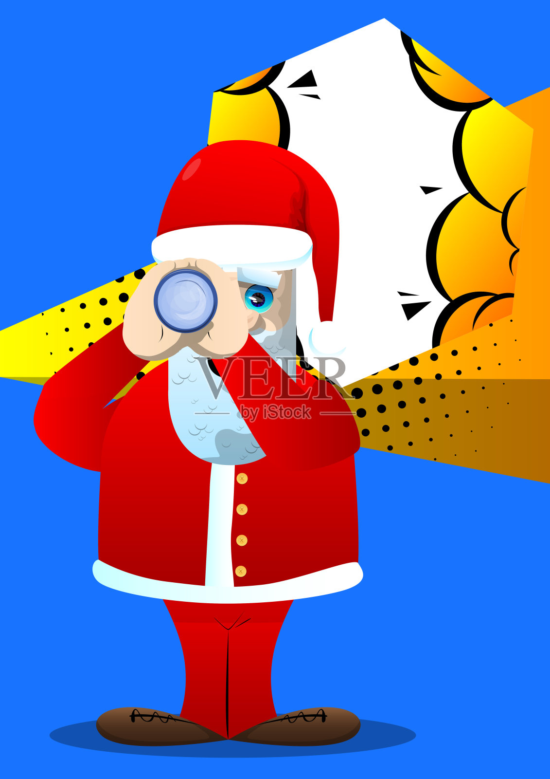 圣诞老人穿着红衣服,留着白胡子,手里拿着望远镜。插画图片素材