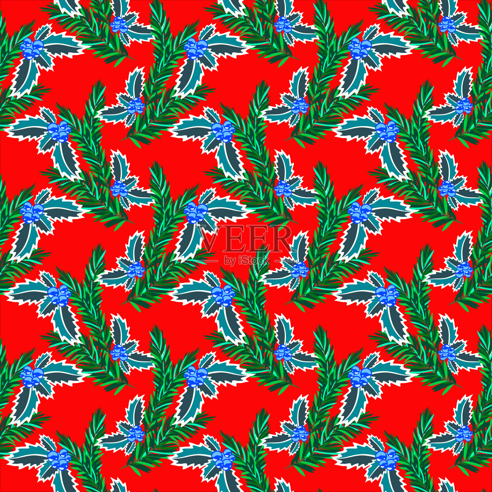 向量-冬季植物,无缝模式。插画图片素材