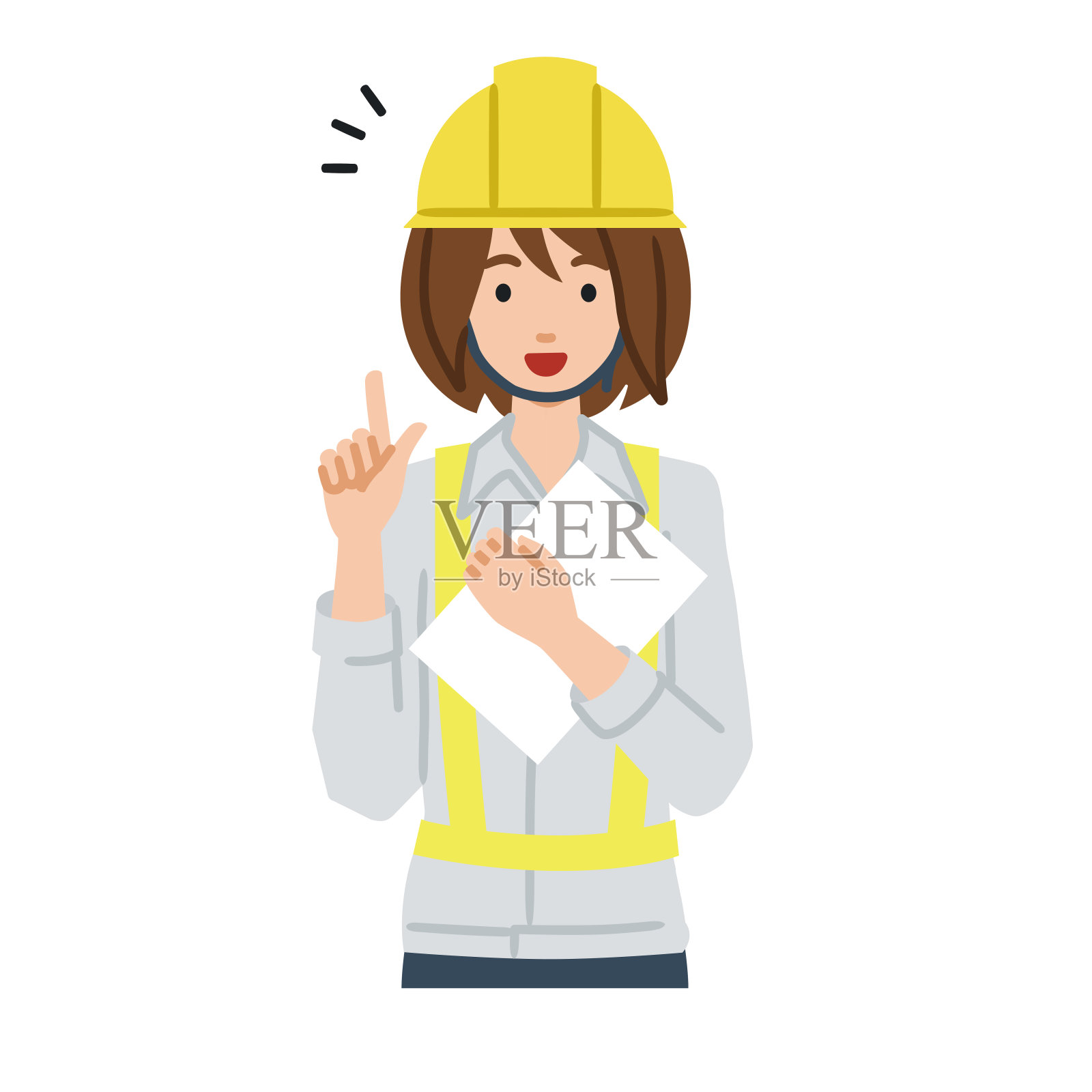 一名在建筑工地工作的妇女站在那里用手指指点着想法插画图片素材