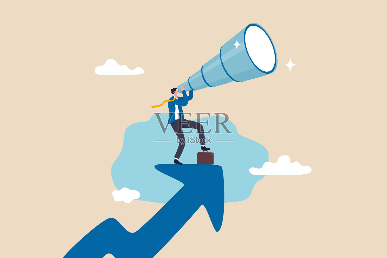 商业机会或投资和市场预测,未来增长或职业发展的愿景,利润和盈利预测的概念,商人用大望远镜爬上上升的箭头插画图片素材