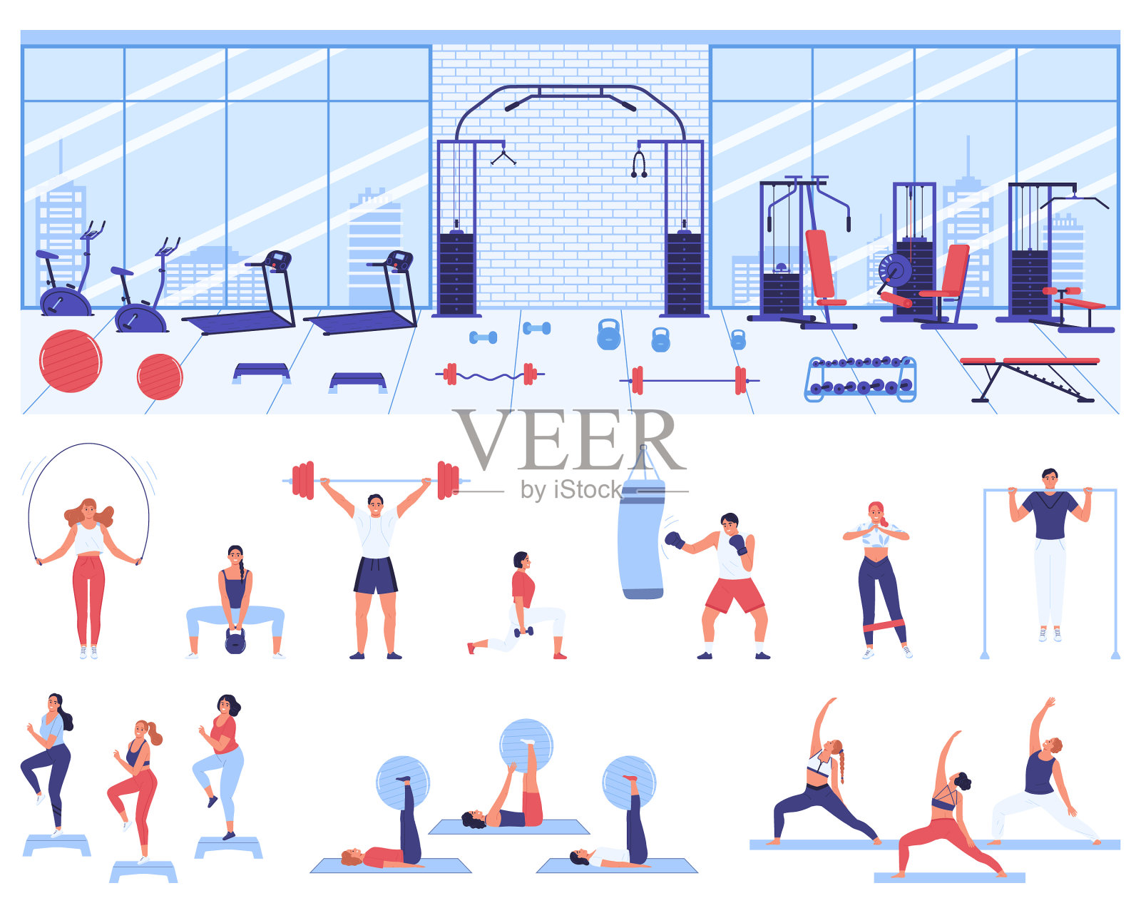 健身馆健身设备插画图片素材
