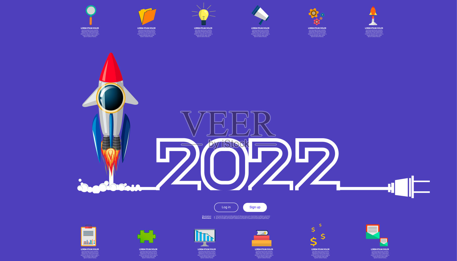 向量插图现代设计商业计划头脑风暴思考分析创意火箭想法概念与营销策略2022年新年信息图模板。插画图片素材