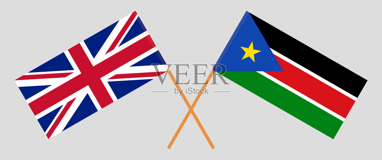 交叉的英国和南苏丹国旗。官方色彩。正确的比例插画图片素材