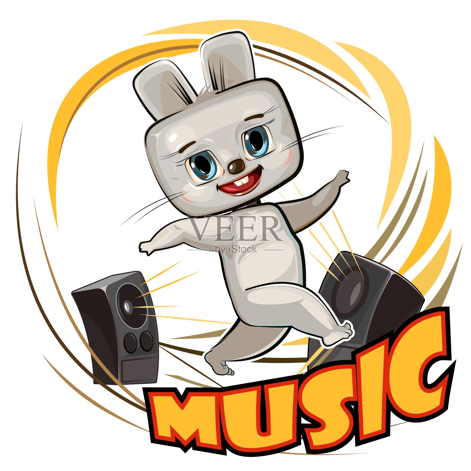 可爱的兔子舞。卡通风格。从扬声器里传来的嘈杂的音乐。跳舞的兔子动物有趣的孩子。对儿童插图。孤立的白色背景。向量插画图片素材