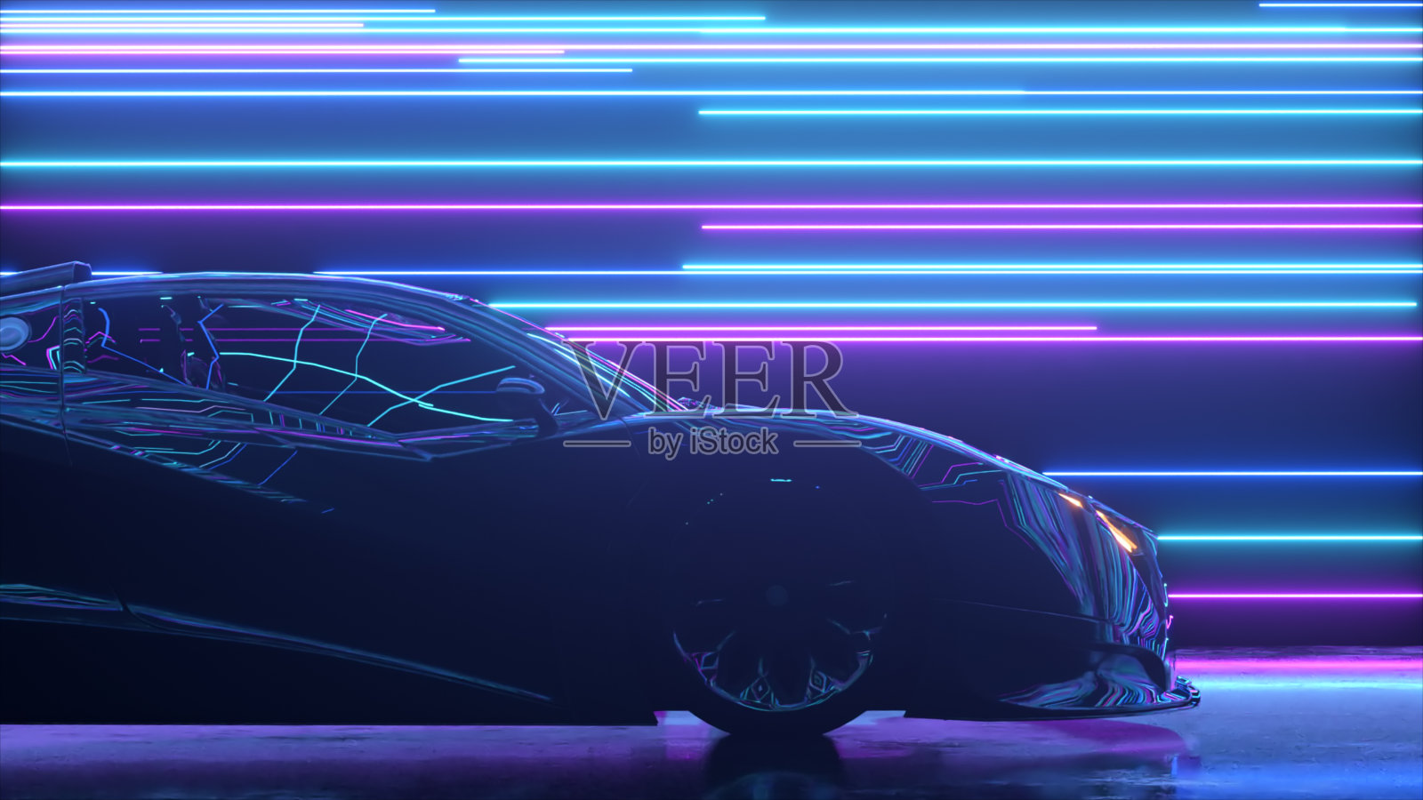未来的概念。跑车在发光的霓虹灯线的背景。蓝色紫色。三维演示照片摄影图片
