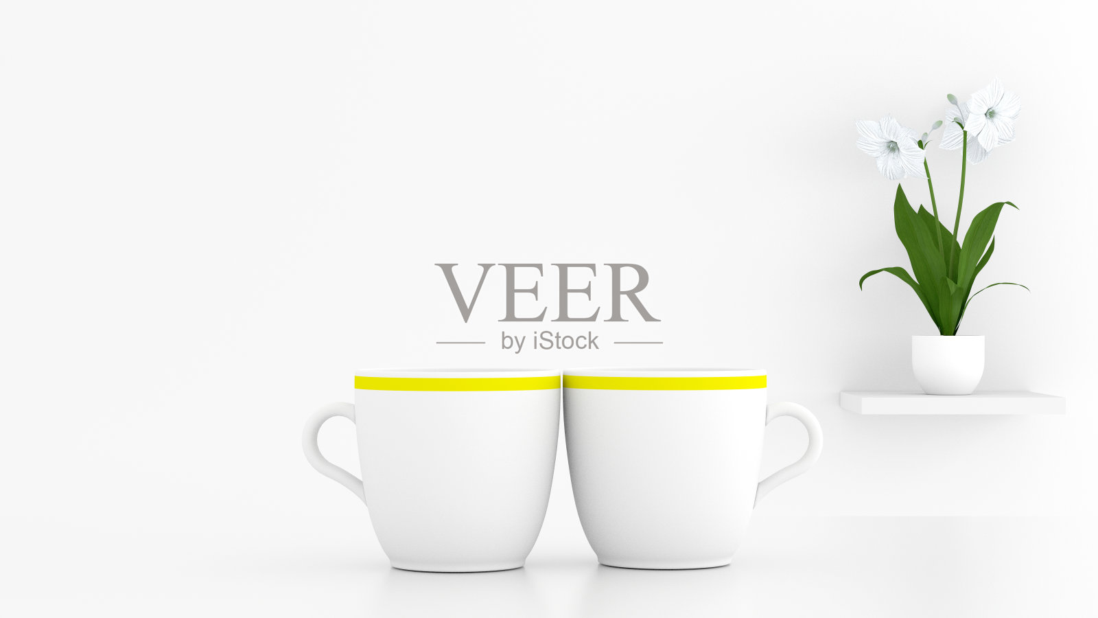 两个并排的杯子,一株植物放在架子上,白色的背景有自由的空间。三维渲染照片摄影图片