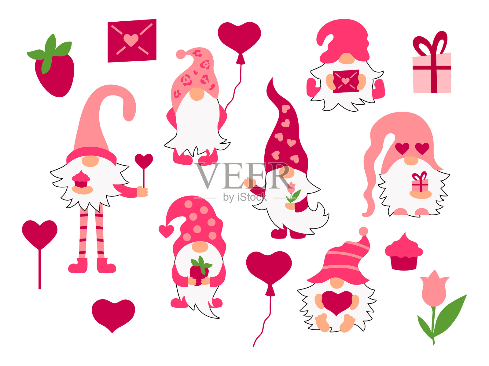 小矮人有心形,花,白色背景的纸杯蛋糕。情人节。矢量插图。插画图片素材