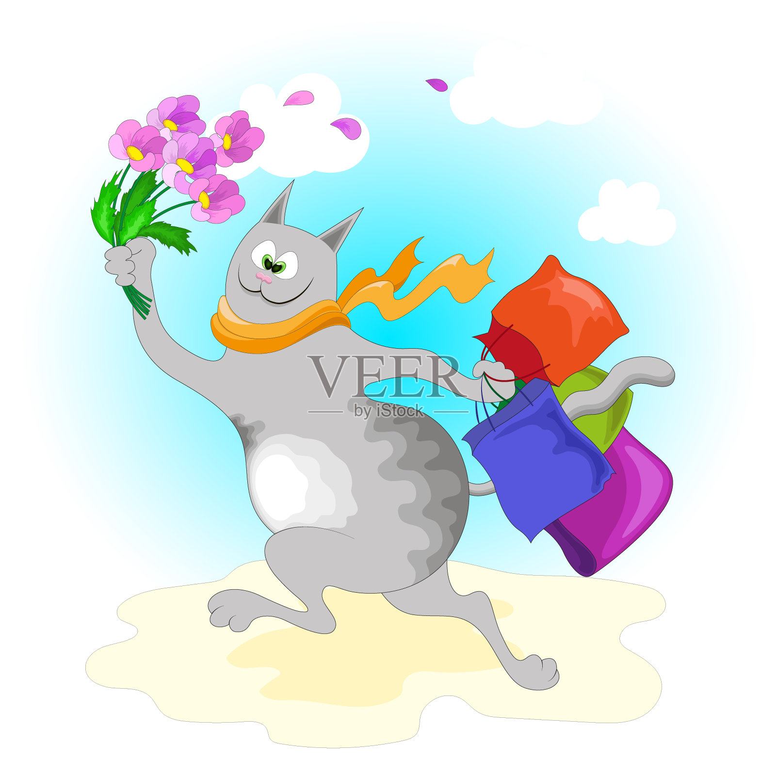 快乐的灰色猫跑着,带着买的东西和一束花插画图片素材