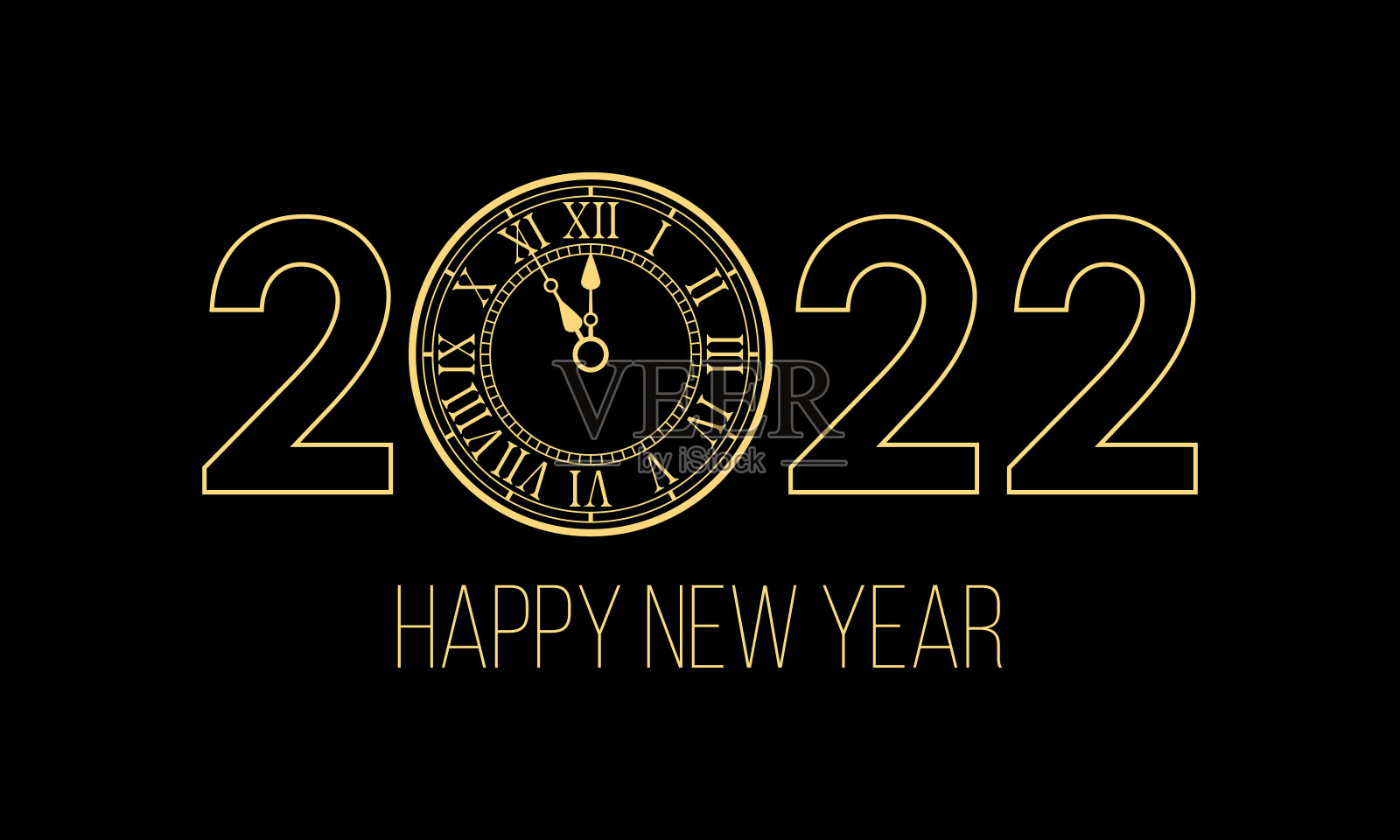 2022年快乐的新年贺卡与复古罗马时钟,矢量插图在黑色的背景插画图片素材