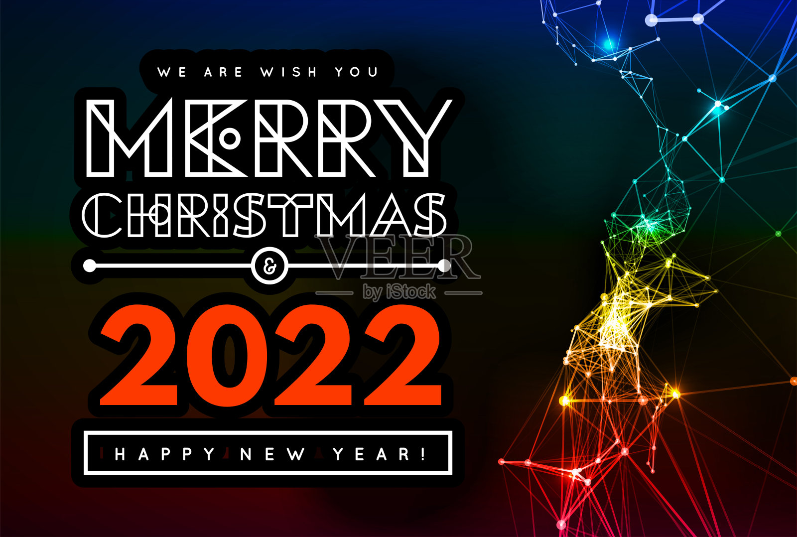 五颜六色的祝福,2022年新年快乐,圣诞快乐。点和线的连接。大数据网络。丛向量插画图片素材