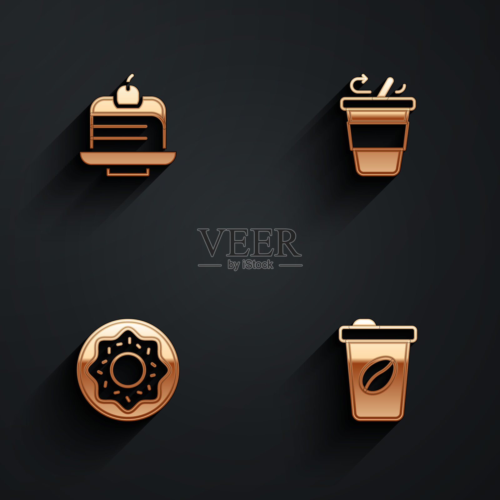 设置一块蛋糕,咖啡杯去,甜甜圈和图标与长影子。向量图标素材
