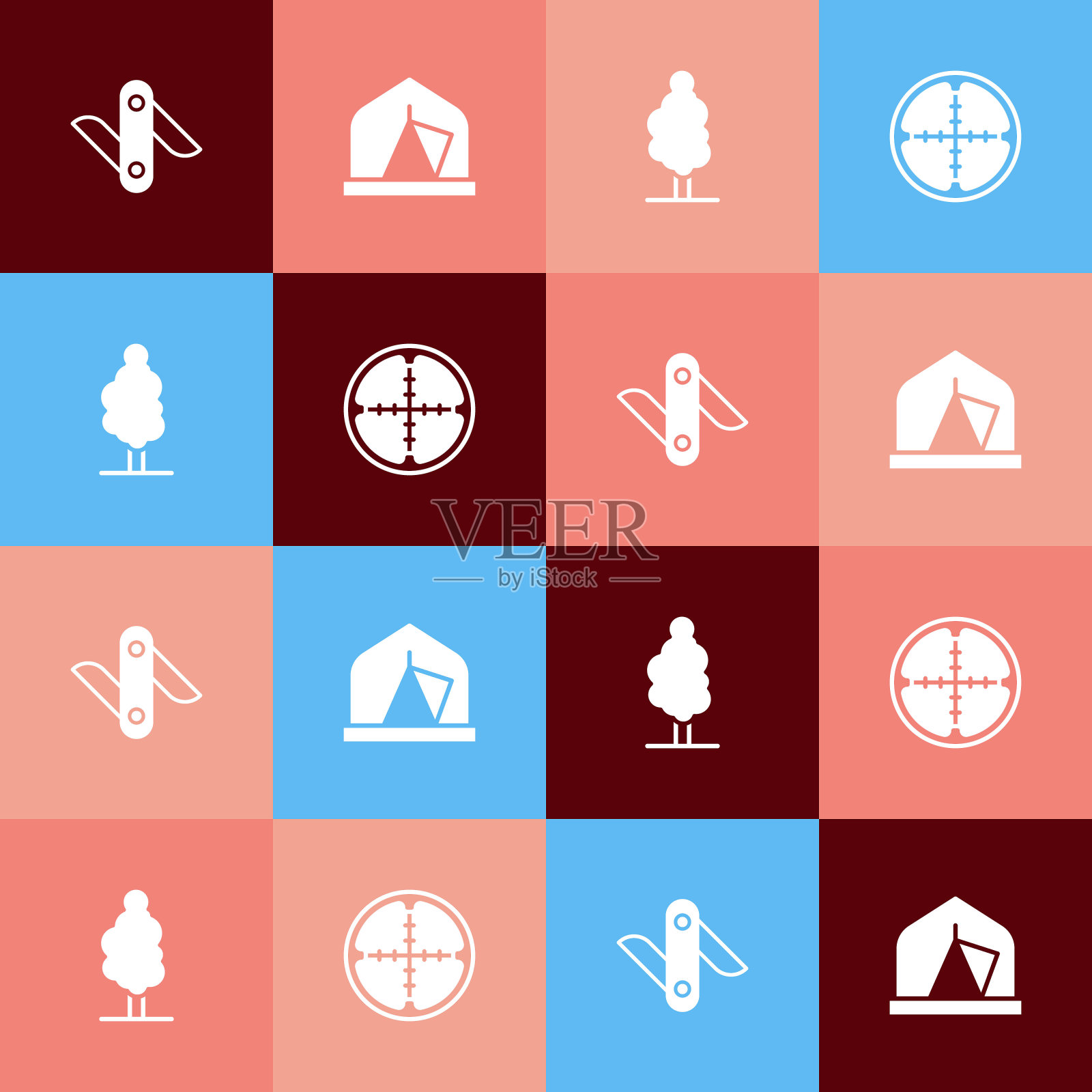 设置流行艺术瑞士军刀,游客帐篷,树和狙击手光学视觉图标。向量图标素材