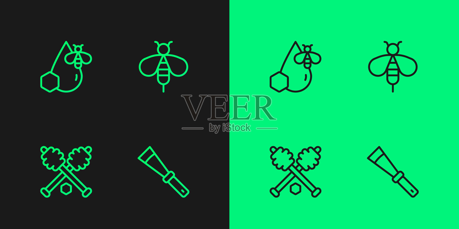 设线养蜂刀、蜂蜜勺棍、蜂巢和图标。向量插画图片素材