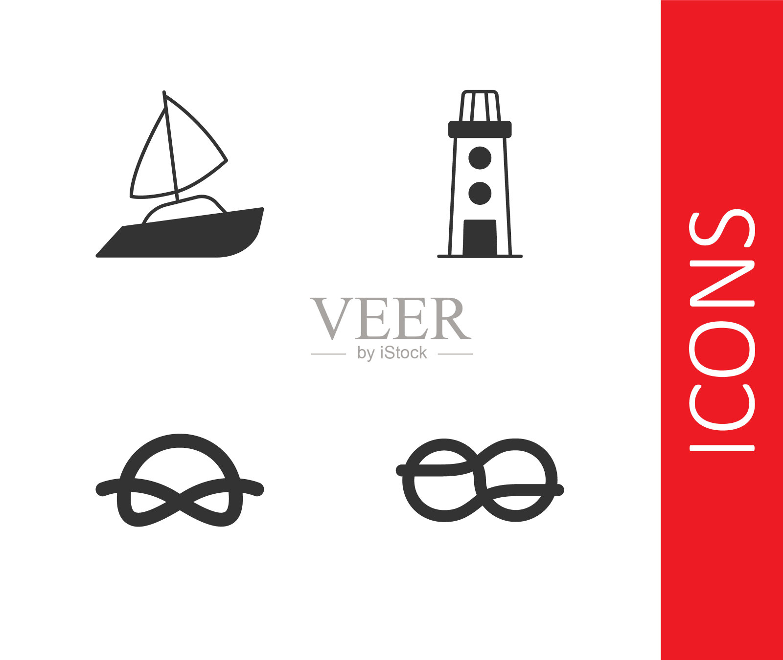 设置航海绳结,游艇帆船,灯塔图标。向量图标素材