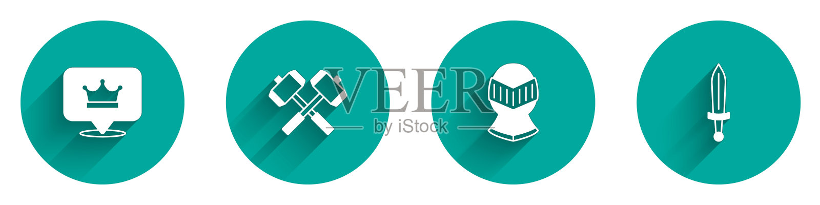 设置国王王冠,交叉战斗锤,中世纪头盔和剑图标与长影子。向量插画图片素材