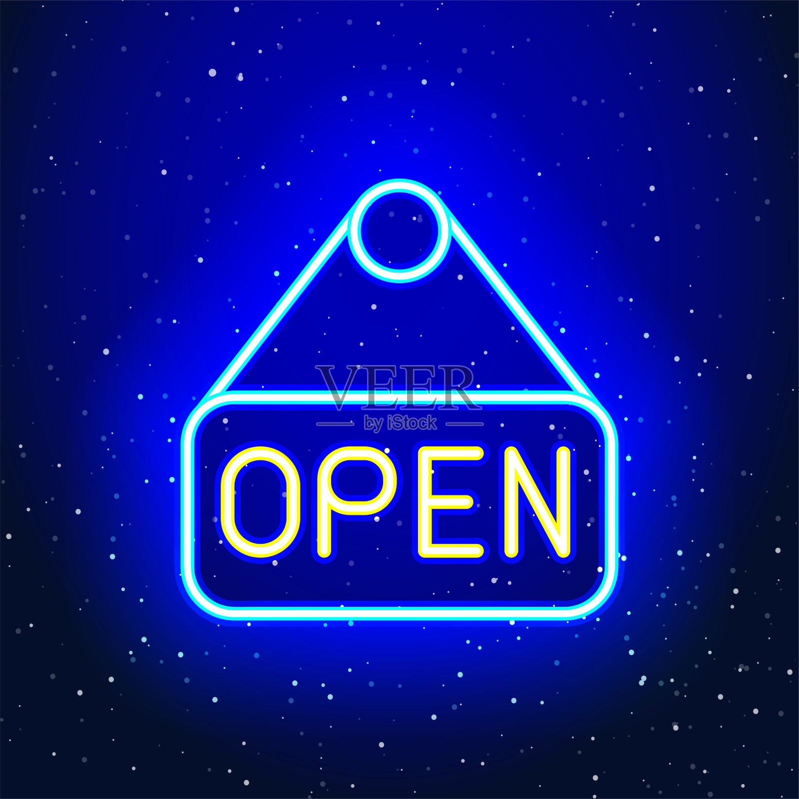 开放文本标志图标设计与霓虹灯蓝色衣架。插画图片素材