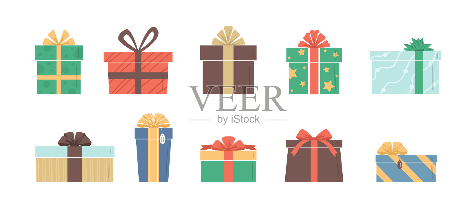 矢量插图卡通平彩色礼品盒设置孤立的白色。圣诞节或生日礼物收集插画图片素材