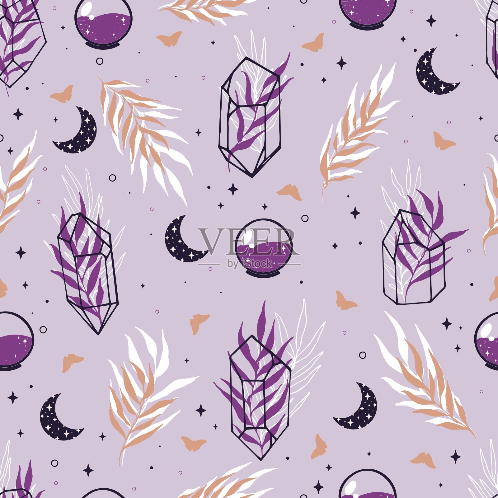 紫色图案与晶体和草本植物插画图片素材